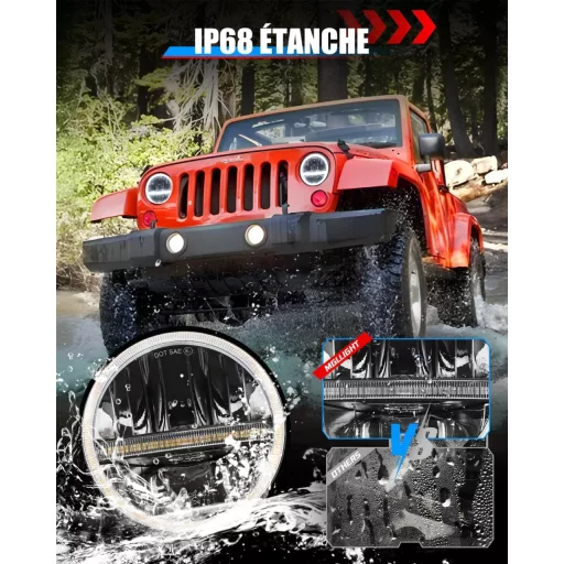 BraveWAY 7-palcový 60W LED svetlomet pre Wrangler JK Hi-Lo biely/žltý DRL H4-H13