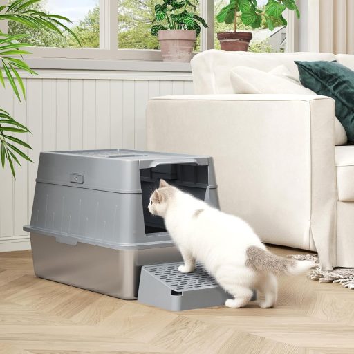 Lifewit XXL Macska WC Rozsdamentes Acélból - Fedeles Macskatoalett Pedálos Nyitással, Elülső Bejárattal, Lapáttal, Szürke, Nagyméretű Cicákn