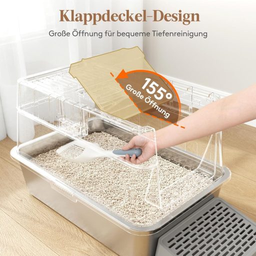 Lifewit XXL Macska WC Rozsdamentes Acélból - Fedeles Macskatoalett Pedálos Nyitással, Elülső Bejárattal, Lapáttal, Szürke, Nagyméretű Cicákn