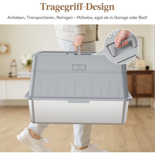 Lifewit XXL Macska WC Rozsdamentes Acélból - Fedeles Macskatoalett Pedálos Nyitással, Elülső Bejárattal, Lapáttal, Szürke, Nagyméretű Cicákn