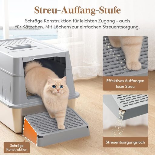 Lifewit XXL Macska WC Rozsdamentes Acélból - Fedeles Macskatoalett Pedálos Nyitással, Elülső Bejárattal, Lapáttal, Szürke, Nagyméretű Cicákn