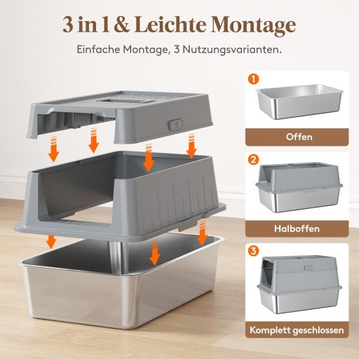 Lifewit XXL Macska WC Rozsdamentes Acélból - Fedeles Macskatoalett Pedálos Nyitással, Elülső Bejárattal, Lapáttal, Szürke, Nagyméretű Cicákn