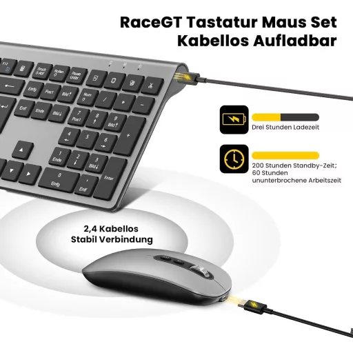 RaceGT Wireless Billentyűzet és Egér Szett, Ergonomikus, Újratölthető, 2.4 GHz, QWERTZ