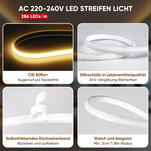 Shine Decor COB LED pásik 2m, 220V vodotesný, teplá biela, osvetlenie do kuchyne a záhrady