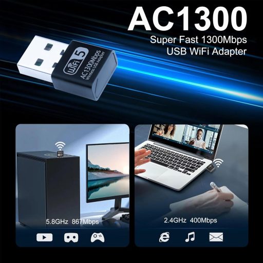 Aigital USB WiFi adaptér 1300 Mbps Dual Band 2,4 GHz/5,8 GHz Bezdrôtový sieťový prijímač pre PC/Laptop Windows 11/10/8/7/XP a Mac OS Kompatibilný