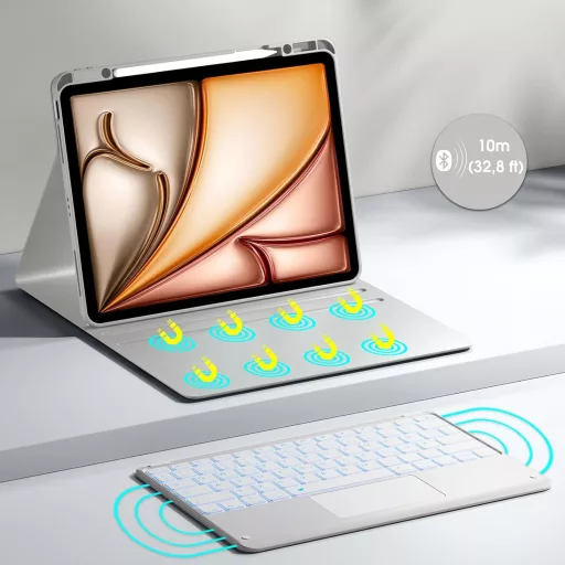 Vobafe iPad Air 13" és iPad Pro 12.9" Billentyűzetes Tok QWERTZ Trackpad Világosszürke