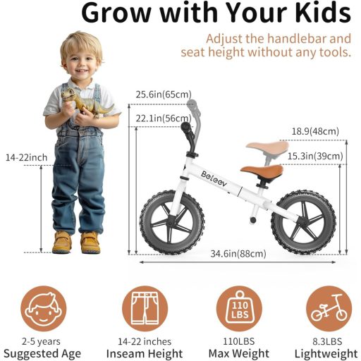 Bicicletă de echilibru BELEEV C2 cu roți LED, pentru copii de 2-5 ani, cu înălțime reglabilă