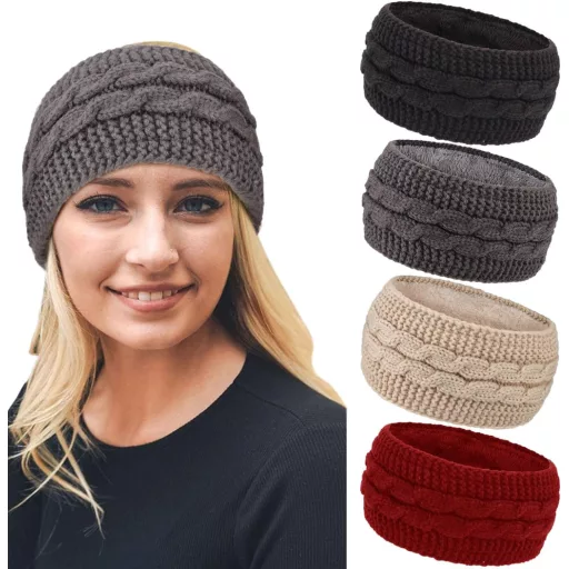 Dámska teplá pletená čelenka DRESHOW so zimným chráničom uší a hrubou flísovou podšívkou