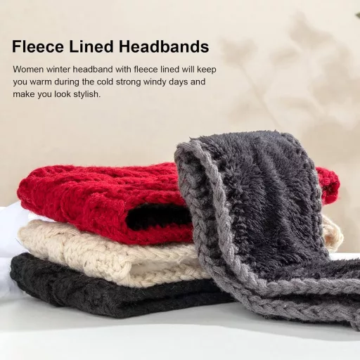 Bandă de păr călduroasă DRESHOW pentru femei, tricotată, de iarnă, cu căptușeală groasă din fleece, pentru protecția urechilor.