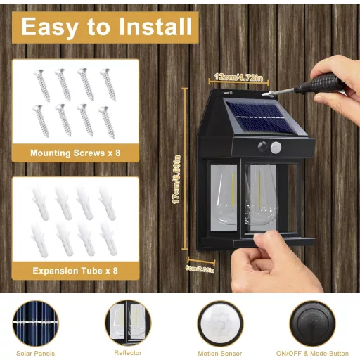 Flacchi napelemes kültéri fali lámpa mozgásérzékelővel, 2 darab, IP65 vízálló, meleg fehér