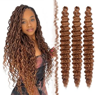   FESHFEN Predlžovanie vlasov s efektom oceánskych vĺn - tmavohnedá syntetická hlboká vlna, 3 balenia, bohémske kučeravé vrkoče pre ženy, 55 cm