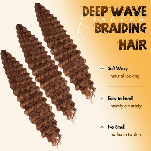 FESHFEN Predlžovanie vlasov s efektom oceánskych vĺn - tmavohnedá syntetická hlboká vlna, 3 balenia, bohémske kučeravé vrkoče pre ženy, 55 cm