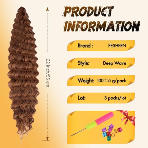 FESHFEN Predlžovanie vlasov s efektom oceánskych vĺn - tmavohnedá syntetická hlboká vlna, 3 balenia, bohémske kučeravé vrkoče pre ženy, 55 cm