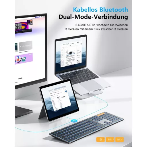 Tastatură Bluetooth Wireless OMOTON cu Carcasă Metalică, Iluminare QWERTZ, Ergonomică