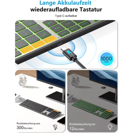 Tastatură Bluetooth Wireless OMOTON cu Carcasă Metalică, Iluminare QWERTZ, Ergonomică