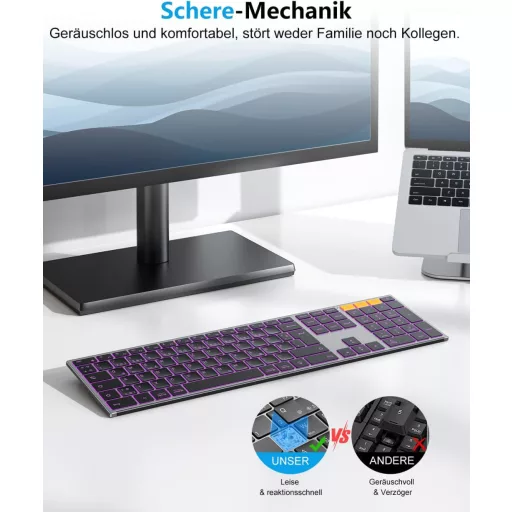 Tastatură Bluetooth Wireless OMOTON cu Carcasă Metalică, Iluminare QWERTZ, Ergonomică
