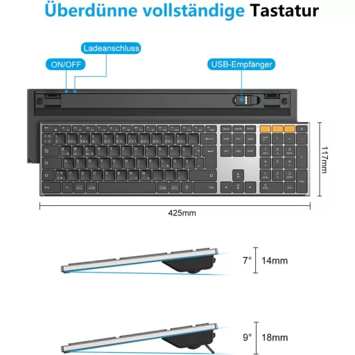 Tastatură Bluetooth Wireless OMOTON cu Carcasă Metalică, Iluminare QWERTZ, Ergonomică
