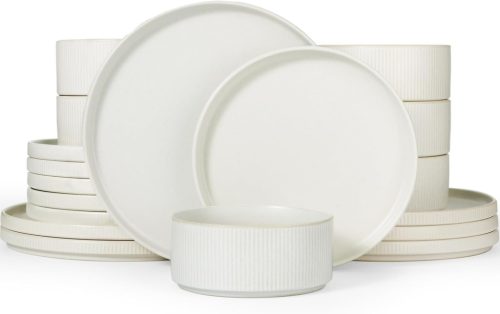 Set de masă Richmount Star, 18 piese, pentru 6 persoane - set de farfurii din ceramică rezistentă la zgârieturi, compatibil cu microunde și mașina de spălat vase, alb mat lucios