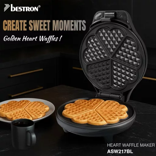 Bestron szívforma gofrisütő, 700W, antilengő bevonattal, fekete