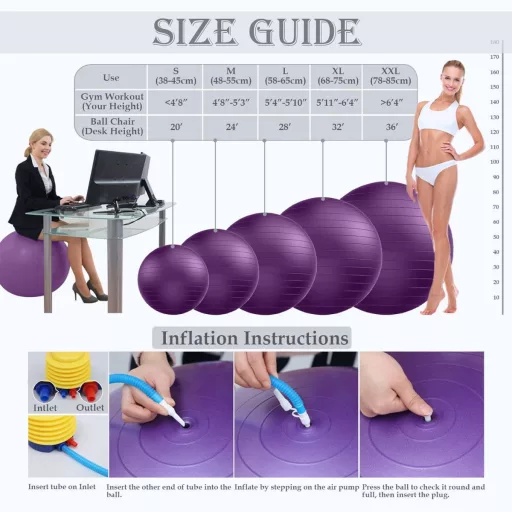 Goonidy Minge Fitness Neagră 65cm - Minge Ergonomică de Șezut pentru Copii, Minge Gimnastică Anti-Explozie pentru Yoga, Pilates, Capacitate de Încărcare 2200 Lire
