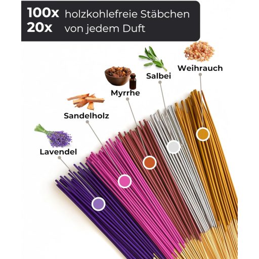 Set de 100 bețișoare parfumate Incensera - Lemn de santal, Lavandă, Tămâie, Smirnă, Salvie - Meditație, Yoga, Relaxare