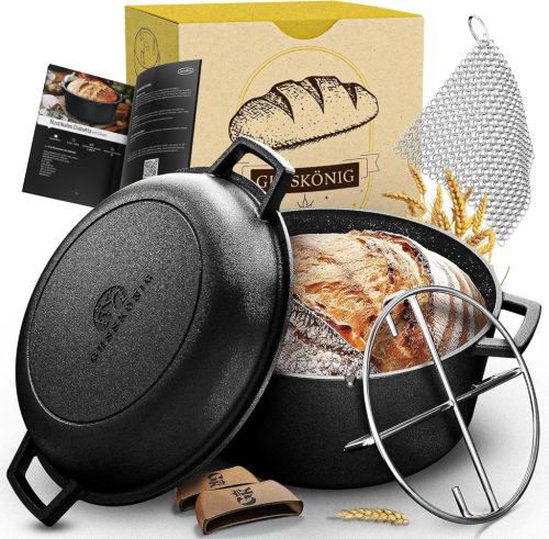 Gusskönig 2in1 Öntöttvas Kenyérsütő Edény 4,8L & Grill Serpenyő 1,8L - Kenyérsütő Forma Fedővel, Tapadásmentes Fekete Öntöttvas Fazék Kiegés