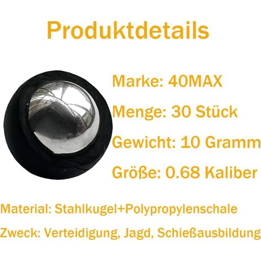 40MAX 0.68 Paintball Lőszer 30db 10g Fém Golyó PVC Bevonattal T4E SD/LE TR68 HDR68 Kompatibilis