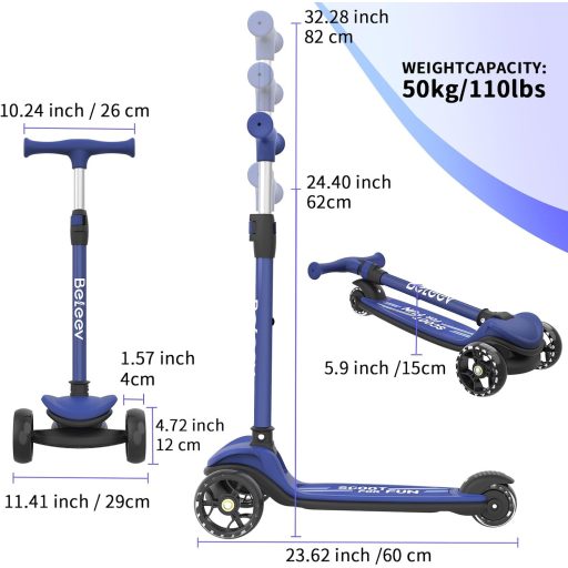 BELEEV A8 Összecsukható Roller LED Kerekekkel, 3 Kerekű Gyerek Roller 3-12 Év