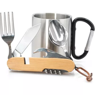   treeforce Rozsdamentes Túraedény Karabinerrel és Evőeszköz Szett Kés Villával