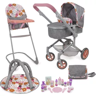   509 19 részes babaápolási szett babakocsi, etetőszék, játszócsarnok, 53 cm-es babákhoz
