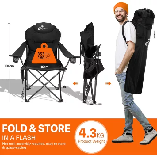 Sportneer XXL Scaun de Camping pentru Adulți - Cu Brațe și Tetieră Căptușite, Înclinare în 3 Poziții, Pliabil, Capacitate de Încărcare 160kg, Grădină S