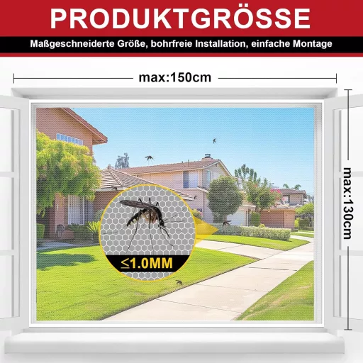 ZUIYIN Plase de țânțari pentru ferestre (2 bucăți, 130x150 cm, Alb) - Protecție împotriva insectelor și țânțarilor, tăiabile la dimensiune, fără găurire, Versiunea 2.0 cu aderență mai puternică