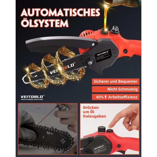 Veitorld 8 Inch Akkumulátoros Láncfűrész 8000 mAh Motorral, Automata Olajozással