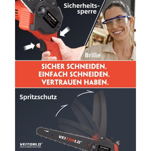 Veitorld 8 Inch Akkumulátoros Láncfűrész 8000 mAh Motorral, Automata Olajozással