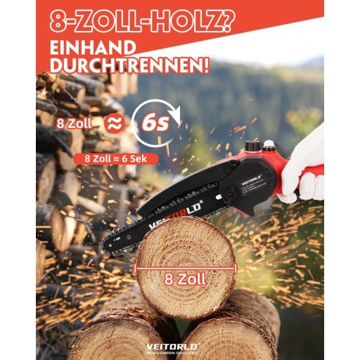 Veitorld 8 Inch Akkumulátoros Láncfűrész 8000 mAh Motorral, Automata Olajozással