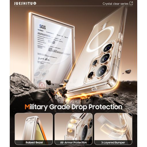 JUESHITUO Puzdro pre Samsung Galaxy S25 Ultra 5G, priehľadné, krištáľovo čisté, magnetická vojenská ochrana, nárazuvzdorné, s ochrannou fóliou na displej