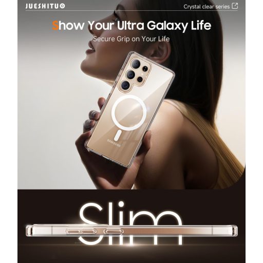 JUESHITUO Samsung Galaxy S25 Ultra 5G Tok Átlátszó Kristálytiszta Mágneses Katonai Védelem Ütésálló Képernyővédő Fóliával