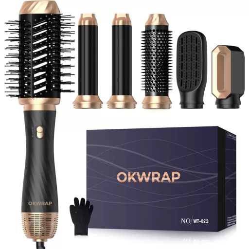 Set de coafat OKWRAP 6 în 1 - Perie uscător cu aer cald, ondulator, placă de îndreptat, perii pentru volumizare, pentru diverse coafuri