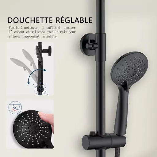 Set de duș cu termostat Biubiubath, pătrat, negru, 735-1170 mm