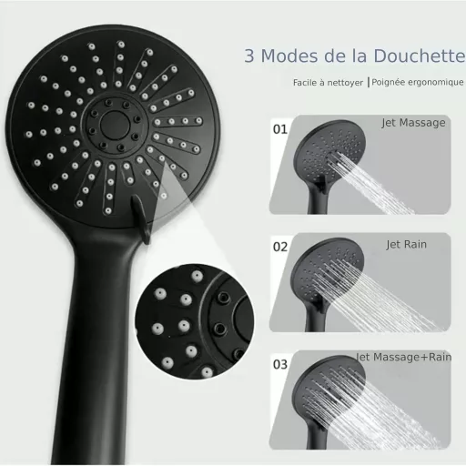 Set de duș cu termostat Biubiubath, pătrat, negru, 735-1170 mm