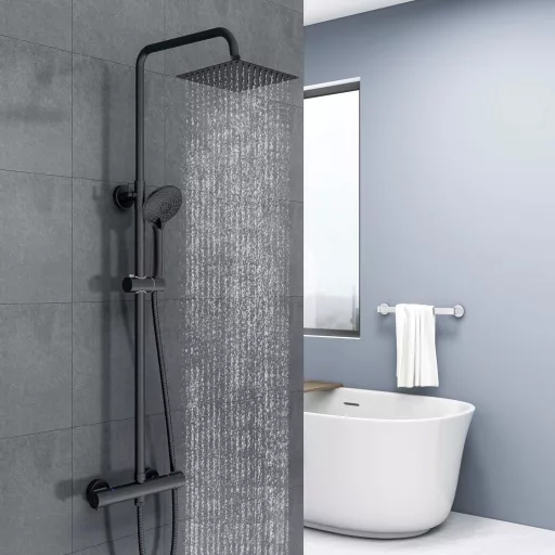 Set de duș cu termostat Biubiubath, pătrat, negru, 735-1170 mm