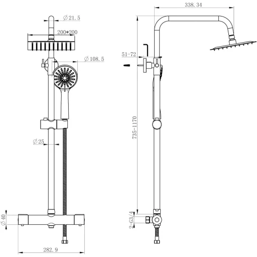 Set de duș cu termostat Biubiubath, pătrat, negru, 735-1170 mm