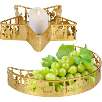   NAVESO Eid Mubarak Hold Csillag Tálca, Ramadan Arany Fém Tányér Szett, Iszlám Ünnepi Asztal Dekoráció