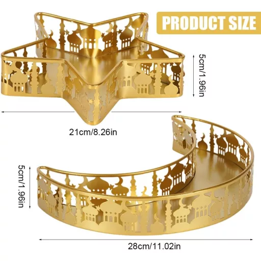 NAVESO Eid Mubarak Hold Csillag Tálca, Ramadan Arany Fém Tányér Szett, Iszlám Ünnepi Asztal Dekoráció