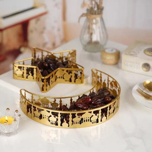 NAVESO Eid Mubarak Hold Csillag Tálca, Ramadan Arany Fém Tányér Szett, Iszlám Ünnepi Asztal Dekoráció