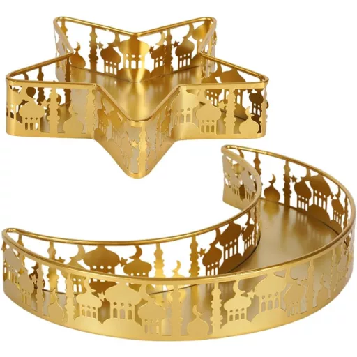 NAVESO Eid Mubarak Hold Csillag Tálca, Ramadan Arany Fém Tányér Szett, Iszlám Ünnepi Asztal Dekoráció