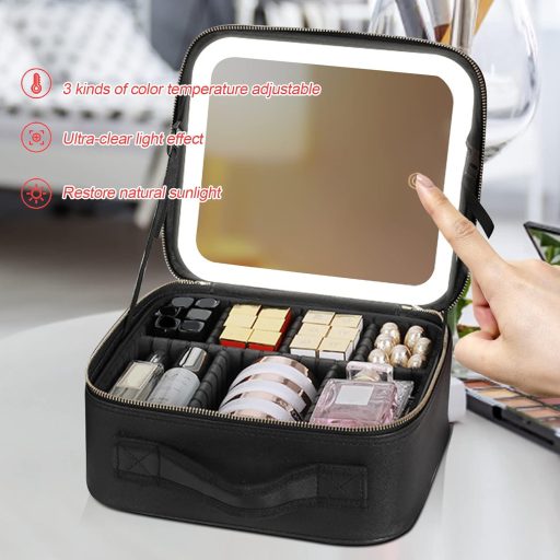 CEIEVER Trusă de machiaj cu oglindă și iluminare LED, Geantă de cosmetice de călătorie pentru femei