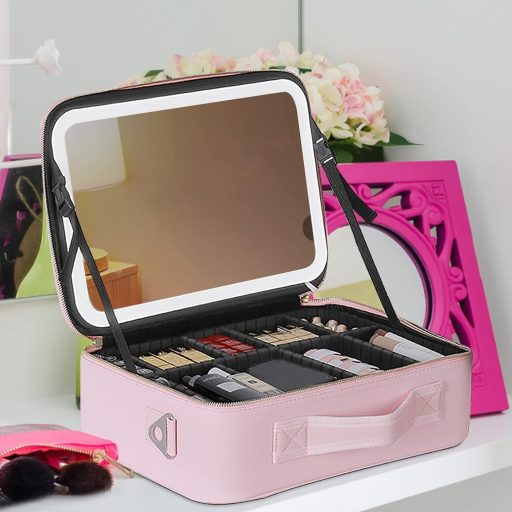 CEIEVER Trusă de machiaj cu oglindă și iluminare LED, Geantă de cosmetice de călătorie pentru femei