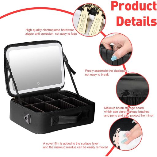 CEIEVER Trusă de machiaj cu oglindă și iluminare LED, Geantă de cosmetice de călătorie pentru femei