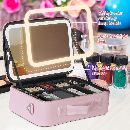 CEIEVER Trusă de machiaj cu oglindă și iluminare LED, Geantă de cosmetice de călătorie pentru femei
